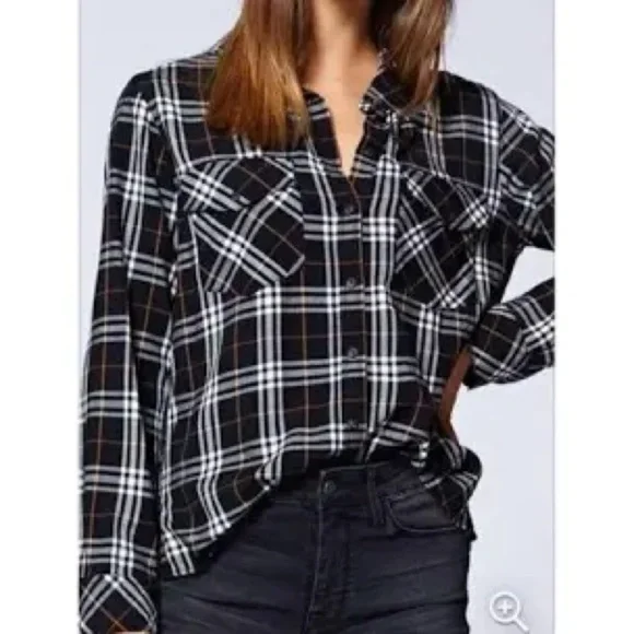 Sanctuary Anthropology Plaid Shirt Grunge Plaid Black white - Picture 5 of 10